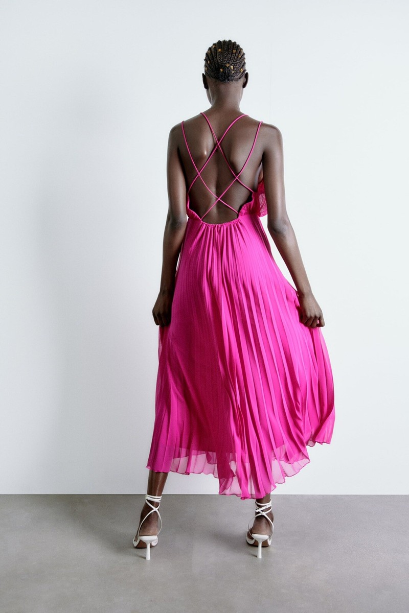 ZARA WOMAN NWT SS22 FUCHSIA PLEATED SLIP DRESS SIZE M 3564