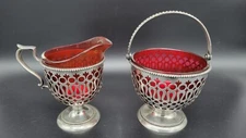 Antique R. Wallace & Sons Sterling Silver Ruby Color Glass Creamer and Sugar