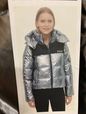 DKNY Sport Puffer Hoodie Jacket Coat Silver Black Zipper Hood 1332807