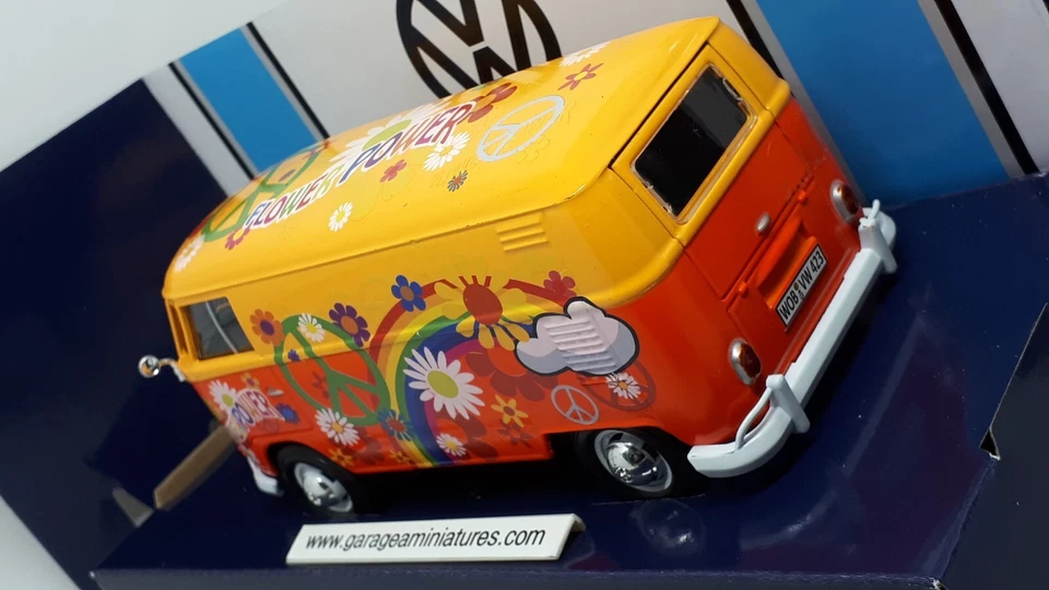 VAN TYPE 2 T1 FLOWER POWER VOLKSWAGEN ORANGE MOTORMAX 79563 ECHELLE AU 1/24 EME - Photo 3/4