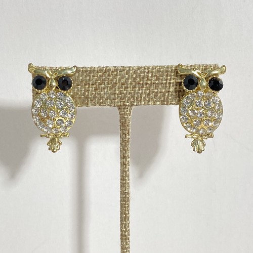 Sparkly Owl Pierced Earrings Rhinestones Stud 1in - Picture 3 of 11