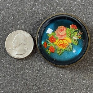 Vintage Glass Dome Floral Boquet Pattern Horse Bridle Rosette Pin Pinback B49573
