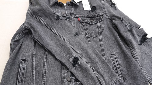 LEVIS Premium Big E Ripped Distressed Trucker Jean Jacket Vintage Look Denim Men - Picture 6 of 11