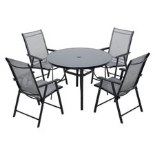 Metal Garden Patio Furniture Set Glass Top Table & Folding Stacking Chairs Sets