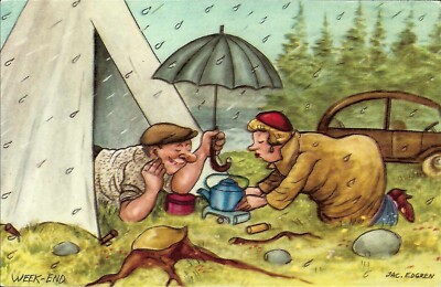 Vintage Comic Postcard, Jac Edgren #142, Week-end, Camping, Rain, Sweden, unused