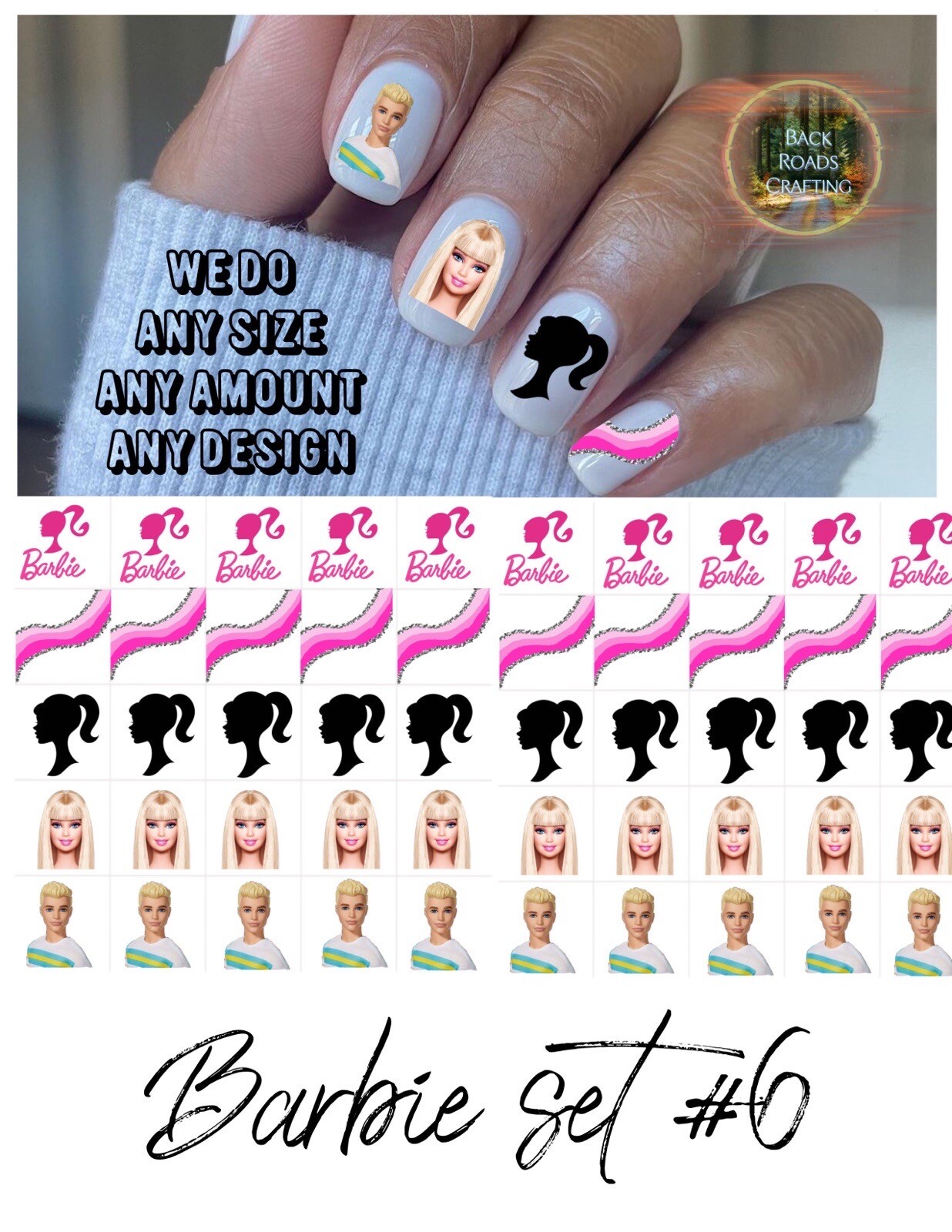 Barbie Set 6 Waterslide Nail Art Decals Set Of 50  Instructions & Bonus