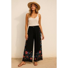 Farm Rio NWT Black Floral Embroidered Palazzo Pants Boho Wide Leg Size P 27x31