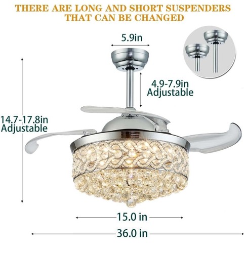 DuMaiWay 36" Ceiling Fan with Lights, Retractable Pendant Fandelier Crystal C... - Picture 5 of 6