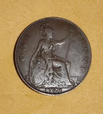  1922 Great Britain One Penny.     Free Shipping!