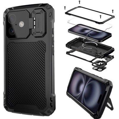 Rugged Shockproof Metal Case Screen Protector Glass Stand for iPhone 14 15 16