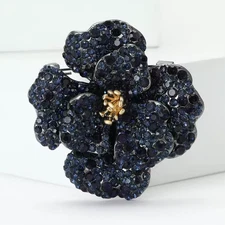 Vintage Sparkling Blue Rhinestone Hibiscus Flower Brooch Pin Nature Jewelry Gift