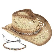 Men's Women's Straw Cowboy Hat Cowgirl Woven Sun Hat Western One Size Beige-d