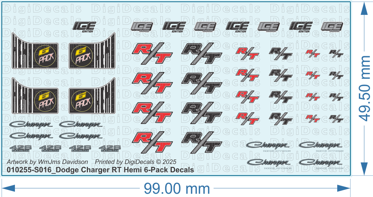 Dodge Charger RT Hemi 6-Pack Decals - 1/8 1/10 1/16 1/18 1/24 1/32