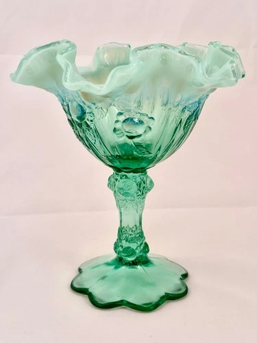 Fenton Light Green & White Crest Glass Compote Cabbage Rose 6 1/2" Tall