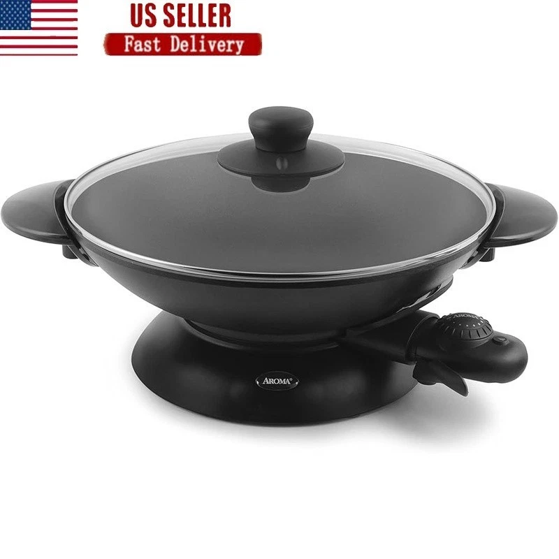 Electric Wok with Tempered Glass Lid Easy Clean Nonstick Tempura and Steaming