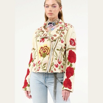 Aratta Biker Style Denim Jacket Boho-Chic Floral Carmen Embroidery Ivory M L XL