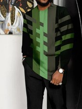 Men'S Short Sleeve T-Shirt  Shorts Set - Black  Green Pattern Print Casual Spo