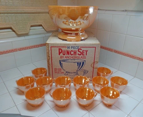 Vtg Anchor Hocking Fire King Peach Luster 14 pc Punch Bowl Set in Orig Box NICE!