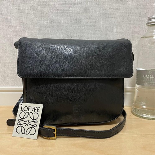 LOEWE Leather Anagra, Embossed Shoulder Bag Black from Japan