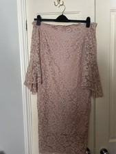 Jessica Wright Pink Lace Bodycon Midi Dress Off Shoulder Bell Sleeves UK Size 16