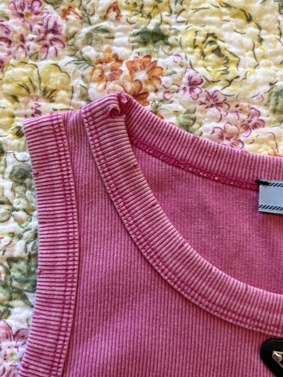 Prada Milano Pink Ribbed Tank Top Iconic Triangle Logo Distressed