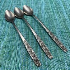 3 Rogers Stanley Roberts FRAGRANT ROSE Stainless ICE TEA SPOONS Vintage Korea