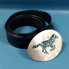 VTG Etched Metal  Turquoise Stone Horse Pattern Belt Buckle  47" Belt