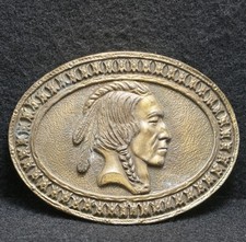 WG11160 AMAZING VINTAGE 1970s NATIVE AMERICAN INDIAN ARTWORK BRASS BELT BUCKLE