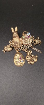 Vnt Easter brooch, Goldtone,bunny,chicks,eggs,colored Rhinestones