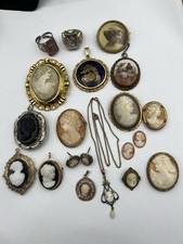 Vintage antique shell Cameo Jewelry Lot 19pc Brooch locket Pendant Ring Earrings