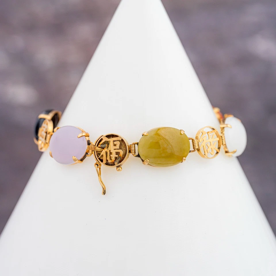 Brazalete chino vintage de ónix y piedras preciosas de oro amarillo de 14 quilates 7" 13,93 g - BR7 Foto 4 de 4