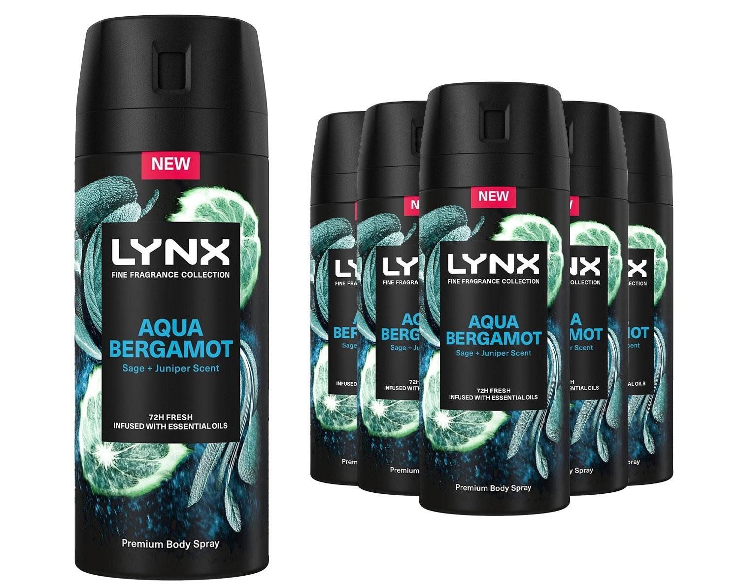 Lynx AQUA BERGAMONT 72H Fresh Premium Deodorant Body Spray 150ml, 6pk