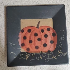 Donna White Signed Wood Decorative Pumpkin Square Plate Primative Fall Decor