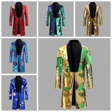 Mens Glitter Long Suit Dress Jackets Blazer Coat Showman Sequins Party Perform