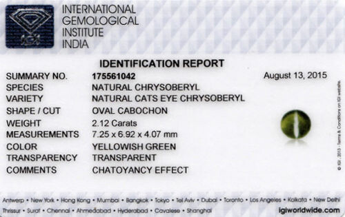 IGI Certified SRI LANKA Chrysoberyl Cat's Eye 2.12 Cts Natural Untreated Oval - Picture 3 of 3