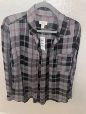 STYLE & Co Sparkle Black Grey Red Plaid Boyfriend Button Down Shirt Size M $55