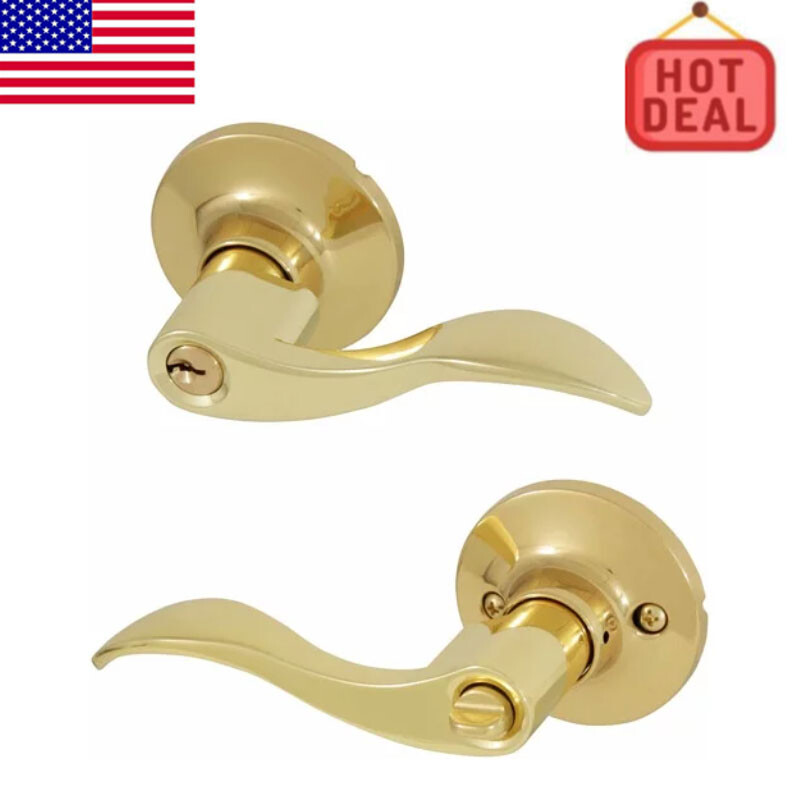Polished Brass Wave Privacy Door Lever for Bedroom or Bathroom US Design-image