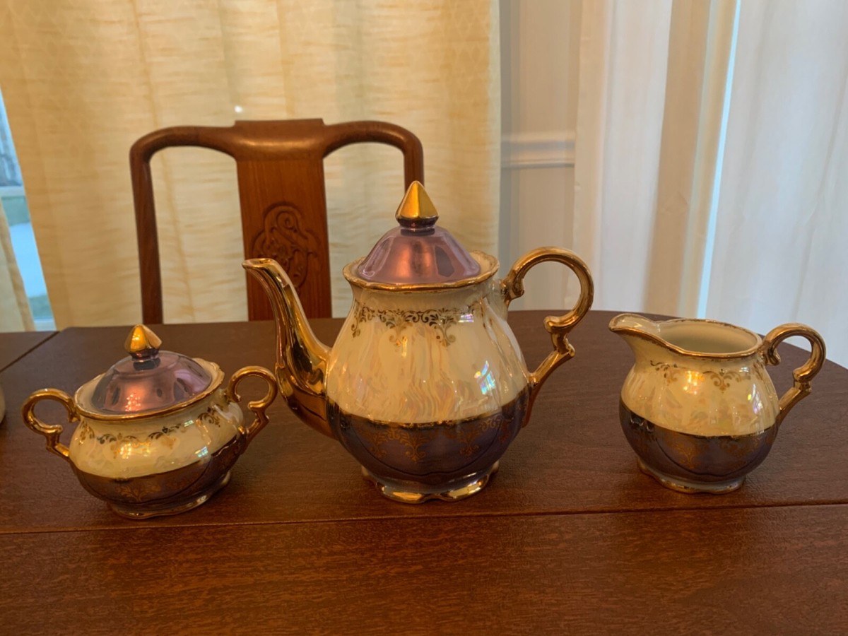 tea set lusterware, kudo, toki, fancy china, blue, gold