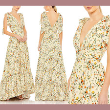 NEW $498 Mac Duggal [ 6 ] Floral Soft Tie Sleeveless Tiered Gown Yellow G1696