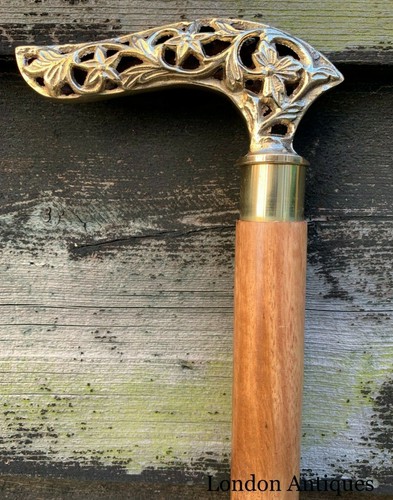 Curved Handle Antique Brass Carved Folding Walking Stick – Dismantles Into Three - Picture 7 of 12