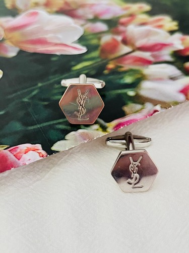 Yves Saint Laurent Vintage Classic Logo Hallmark YSL Hexagon Cufflinks Silver - Picture 3 of 8