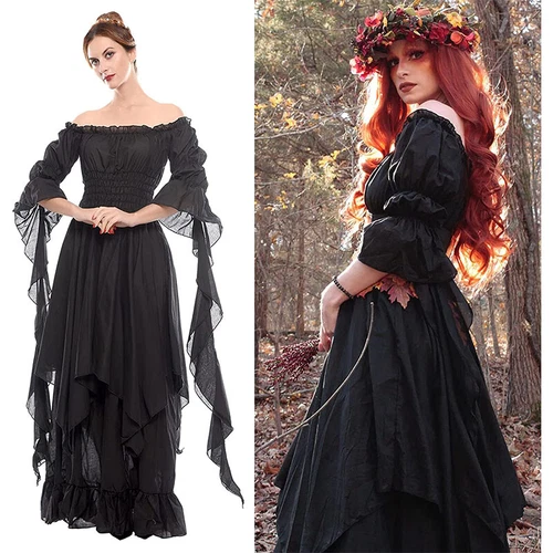 Damen Viktorianisch Langes Kleid Renaissance Mittelalter Hexe Kostüm Gothic - Bild 4 von 20