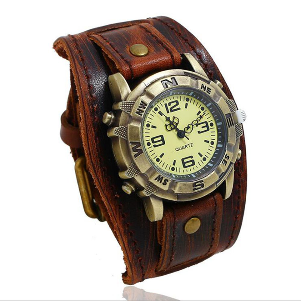 Vintage Retro Big Wide Genuine Leather Strap Watch Men Punk  display picture 1
