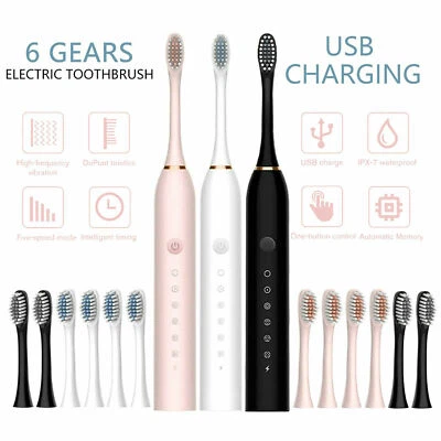 Electric Toothbrush Sonic Rechargeable 6 Modes Kids Adults Brush 4 Heads USB
