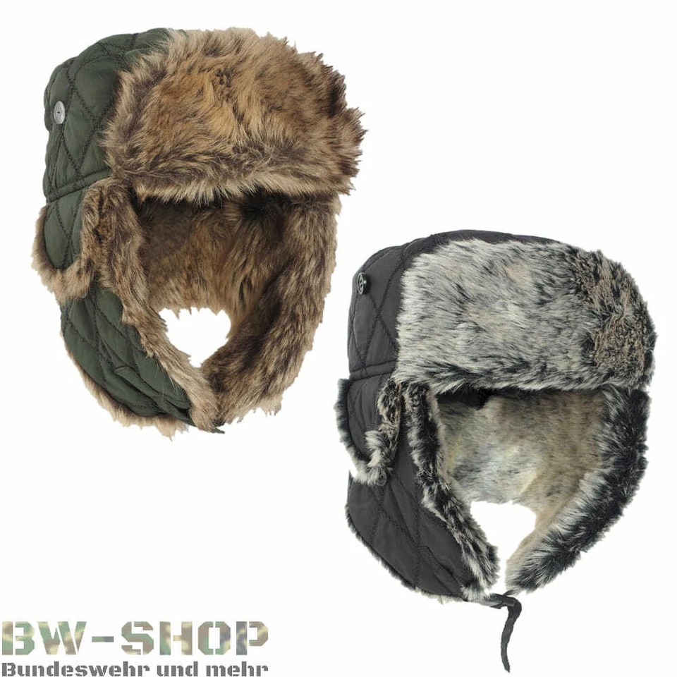 MIL-TEC WINTERMÜTZE MIT KUNSTPELZ OLIV & SCHWARZ NEU FELLMÜTZE GEFÜTTERT WINTER MÜTZE