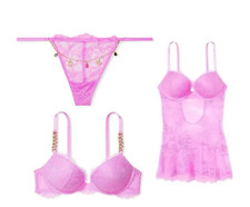 Victoria's Secret Bombshell Babydoll  Thong S Shine Strap Bra 36C SET 3pc NEW 