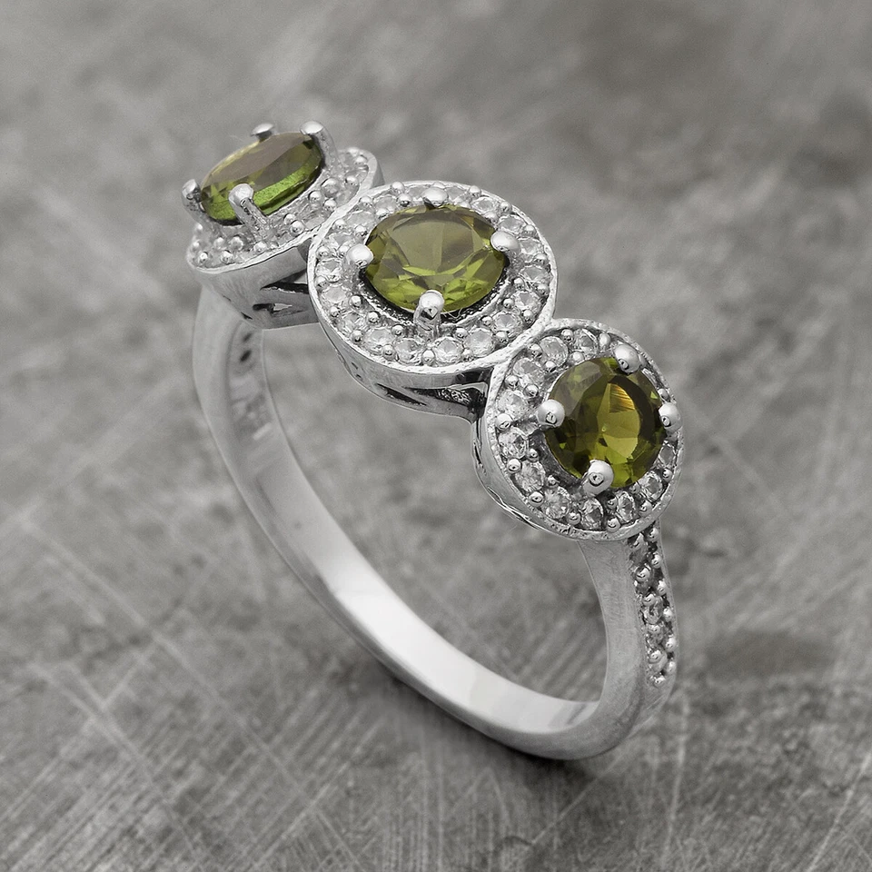 Three Stone Round Shape Peridot 925 Sterling Silver Eternity Women Wedding Ring - Image 3 of 4
