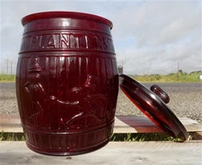 Planters Peanut Jar with Lid, Ruby Red Glass Mr Peanut Barrel Candy Cookie Jar