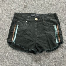 Tinsel Denim Shorts Womens Size 25 Black Geometric Embroidery Cut Off Frayed Hem