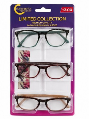 Foster Grant Design Optics 3 Pack Reading Glasses +3.00 Women Readers Case